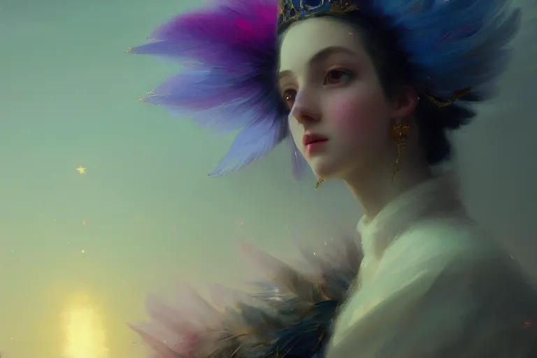 Image similar to Portrait of magical girl, close up, wearing crown of bright feathers, painting by Ivan Aivazovsky and Greg Rutkowski, artstation, fantasy, intricate, beautiful, cinematic, octane render, arnold render, 8k, hyper realism, detailed, sharp focus, 4k uhd, masterpiece, award winning