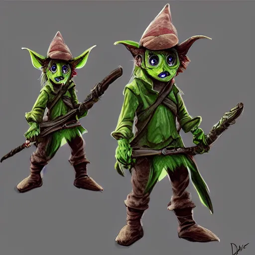 Image similar to cute tiny goblin girl wearing hunter armor from Bloodborne and a wizard hat, geeen skin, d&d, trending on artstation