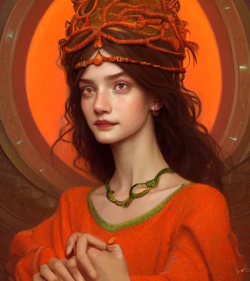 Prompt: portrait of teenage godess, snake hair, naughty smile, wearing an embroidered orange tunic, intricate, elegant, copper and emerald jewelry, glowing lights, seductive. highly detailed, digital painting, artstation, concept art, smooth, sharp focus, illustration, art by wlop, mucha, artgerm, and greg rutkowski