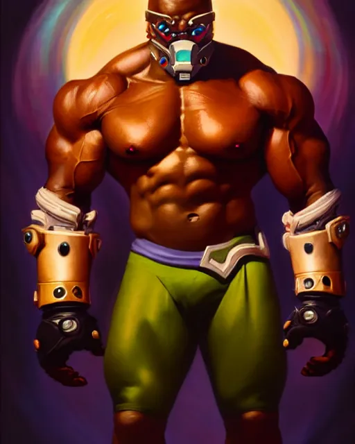 Prompt: doomfist from overwatch, elegant, confident, smug, ripped, buff, strong, colorful, fantasy, fantasy art, character portrait, portrait, close up, highly detailed, intricate detail, amazing detail, sharp focus, vintage fantasy art, vintage sci - fi art, radiant light, caustics, by boris vallejo