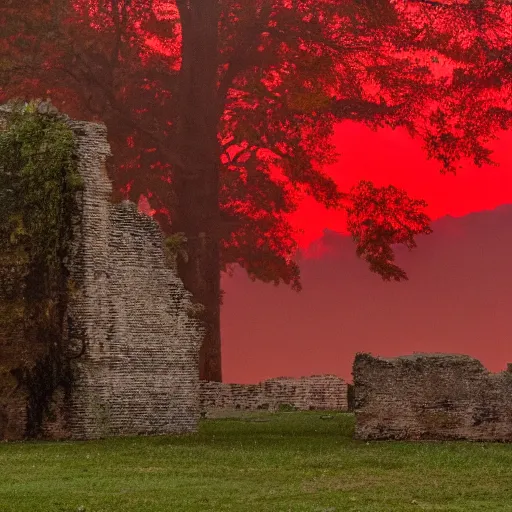 Image similar to leaves blow in the wind. a red glow rises from some ruins nearby.