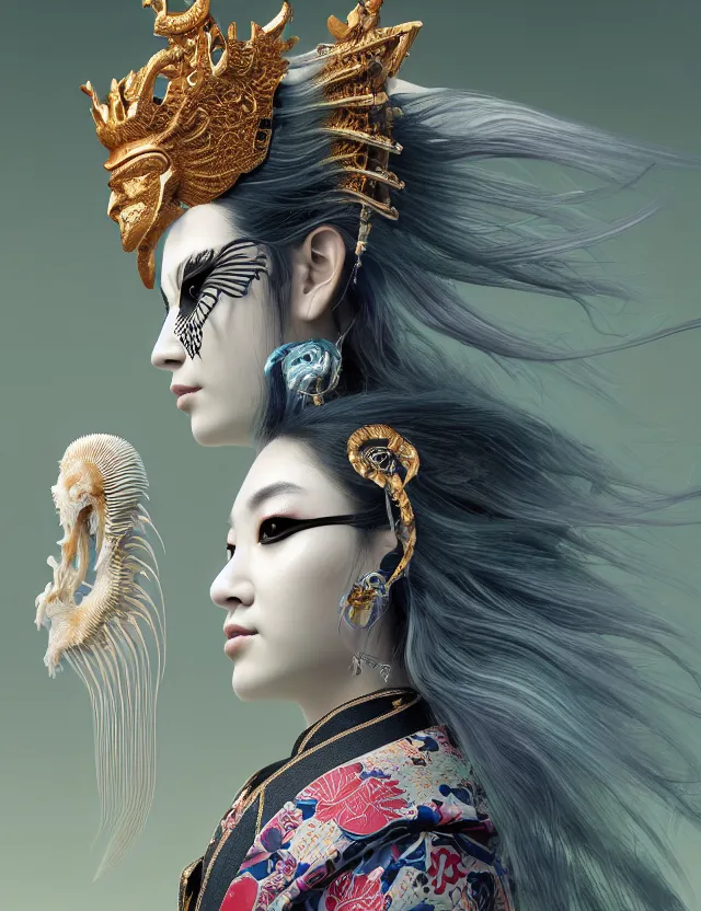 Image similar to 3 d goddess close - up profile portrait with crown, ram skull. beautiful intricately detailed japanese crow kitsune mask and clasical japanese kimono. betta fish, jellyfish phoenix, bio luminescent, plasma, ice, water, wind, creature, artwork by tooth wu and wlop and beeple and greg rutkowski