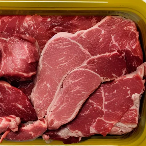 Prompt: disgusting meat in plastic tub