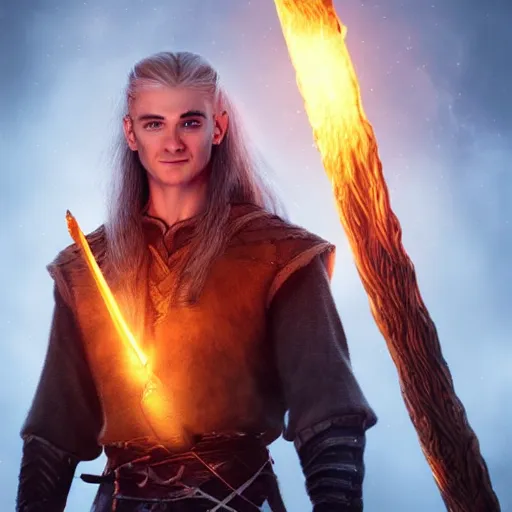 Prompt: Legolas wearing viking attire holding a glowing fire magical staff. Trending on Artstation, octane render, ultra detailed, art by Ross tran