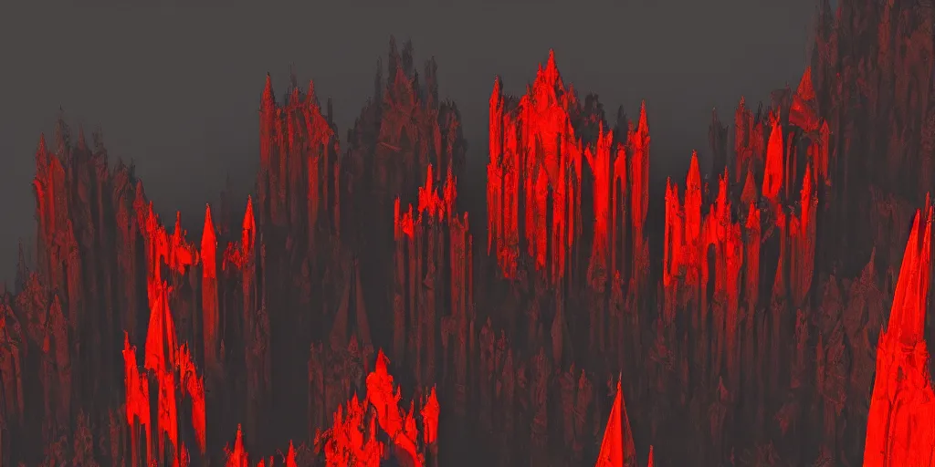 Image similar to dark gothic cathedral, gothic architecture, at the top of a red rock canyon, artstation concept art, beautiful matte painting, aerial view, red and orange and black color palette, chiaroscuro lighting