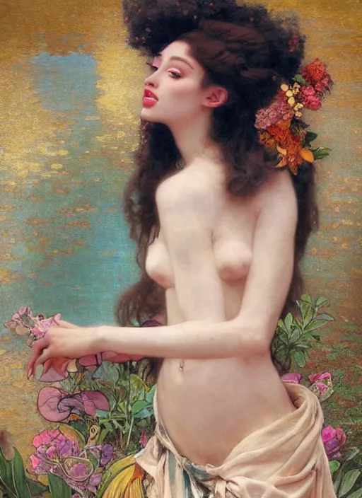 Image similar to a realistic oil painting of a beautiful young woman resembling winnie harlow, flowing robes, silk dress, peonies, crystal encrustations, underwater, fantasy art, by mucha, by bouguereau, intricate, colorful