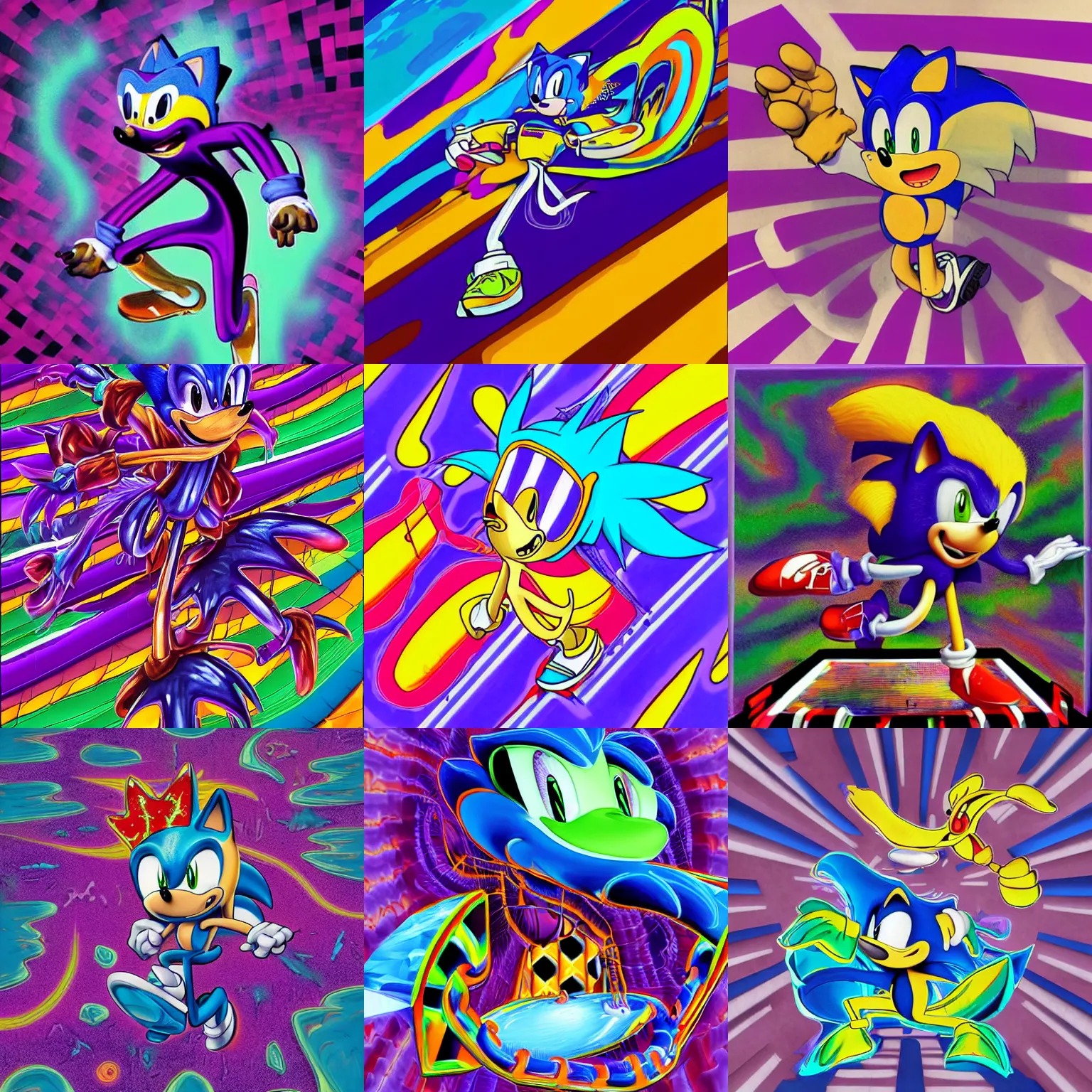 Prompt: surreal, faded, totally radical detailed professional, high quality airbrush art MGMT album cover of a liquid dissolving LSD DMT sonic the hedgehog on a flat purple checkerboard plane, 1990s 1992 prerendered graphics raytraced phong shaded album cover, in the style of John Kricfalusi