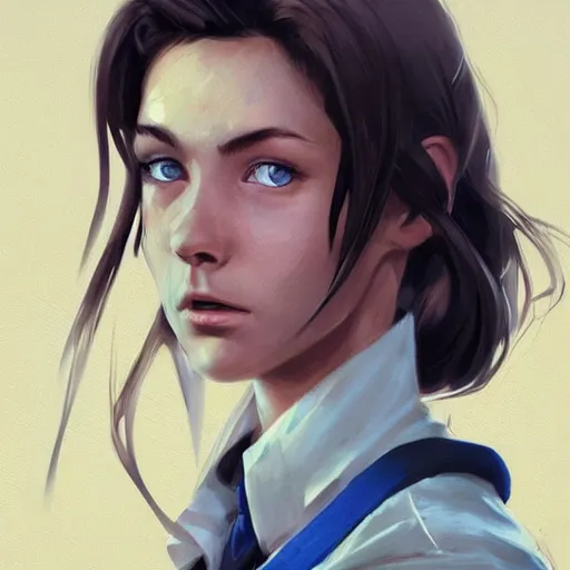 Image similar to portrait of a brunette thin teenager girl with blue eyes wearing school uniform in fallout, light stubble, digital art,photorealistoc,art by greg rutkowski,hyperdetailed,western comic style,comic,comic style,sharp lineart,professional lighting,deviantart,artstation,trevor henderson,rossdtaws,cinematic,dramatic