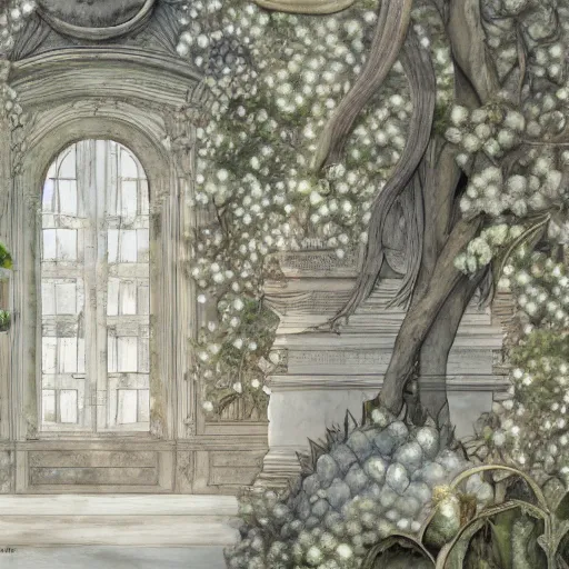 Image similar to delicate marble garden on paper, stony, puffy, botanical herbarium, botanic watercolors, iridescent, 8 k wide angle, realistic shaded, fine details, artstation, italian, colonnade, oak tree, pinecone, pomegranade, hydrangea, vines, gardena architecture, pompeii