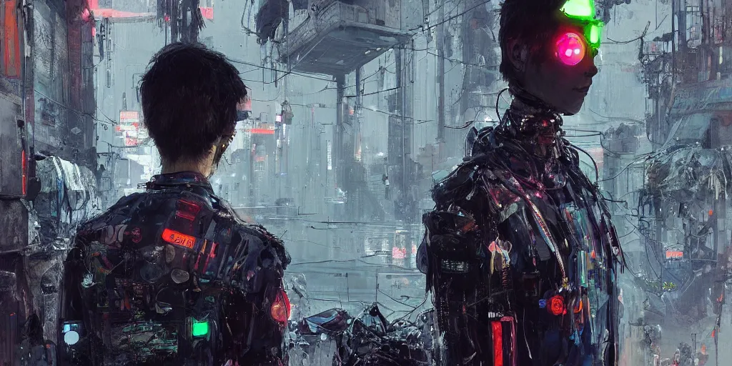 Prompt: eyes of a Neon guard boy with short dark hair seen from the back, cyberpunk futuristic, reflective puffer jacket, black leggings, decorated with traditional ornaments in front of a dystopian crowd with piles of garbage by Ismail inceoglu dragan bibin hans thoma, Perfect face, fine details, realistic shaded, fine-face, pretty face