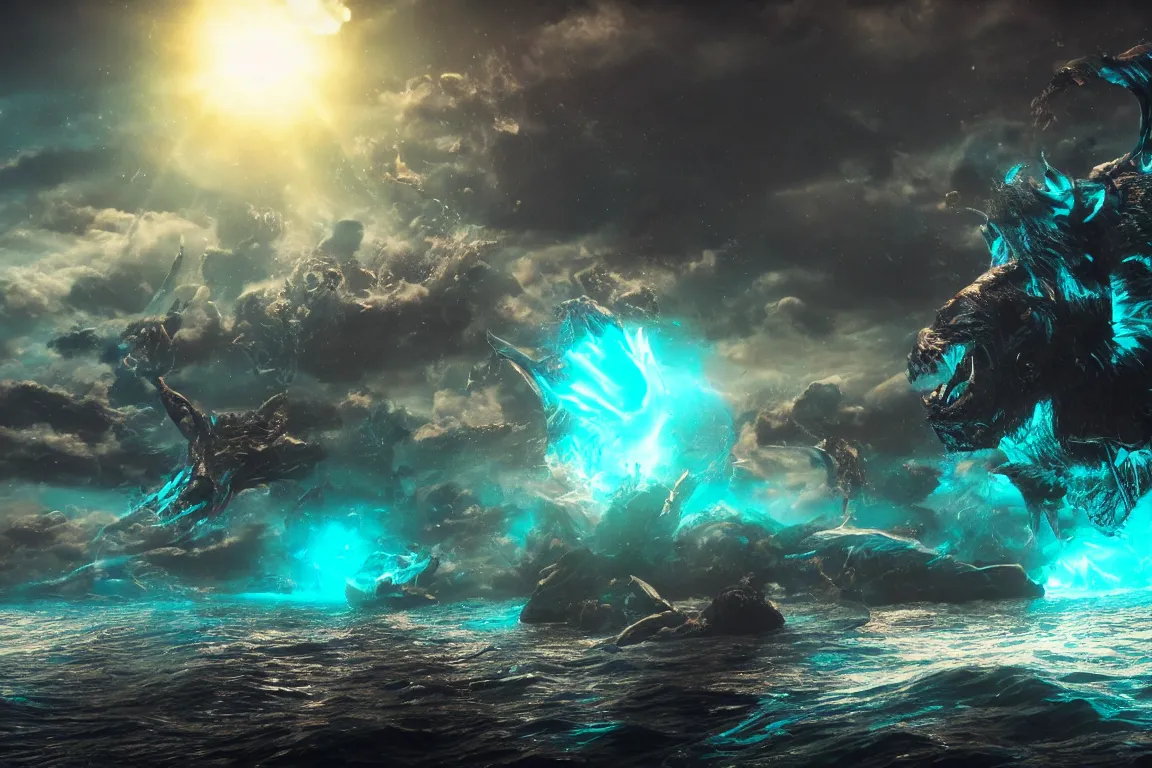 Image similar to colossal shaman gods destroying very living thing in the ocean, cast across the night sky, 8 k, ultra realistic, lens flare, atmosphere, glow, detailed, intricate, full of colour, cinematic lighting, trending on artstation, 4 k, hyperrealistic, focused, extreme details, unreal engine 5, cinematic, masterpiece