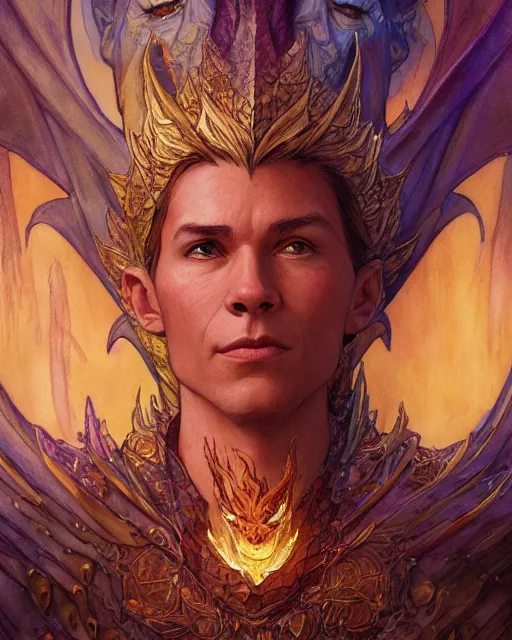 Image similar to smaug the dragon with soul stone in fore head, highly detailed, gold filigree, romantic storybook fantasy, soft cinematic lighting, award, disney concept art watercolor illustration by mandy jurgens and alphonse mucha and alena aenami, pastel color palette, featured on artstation