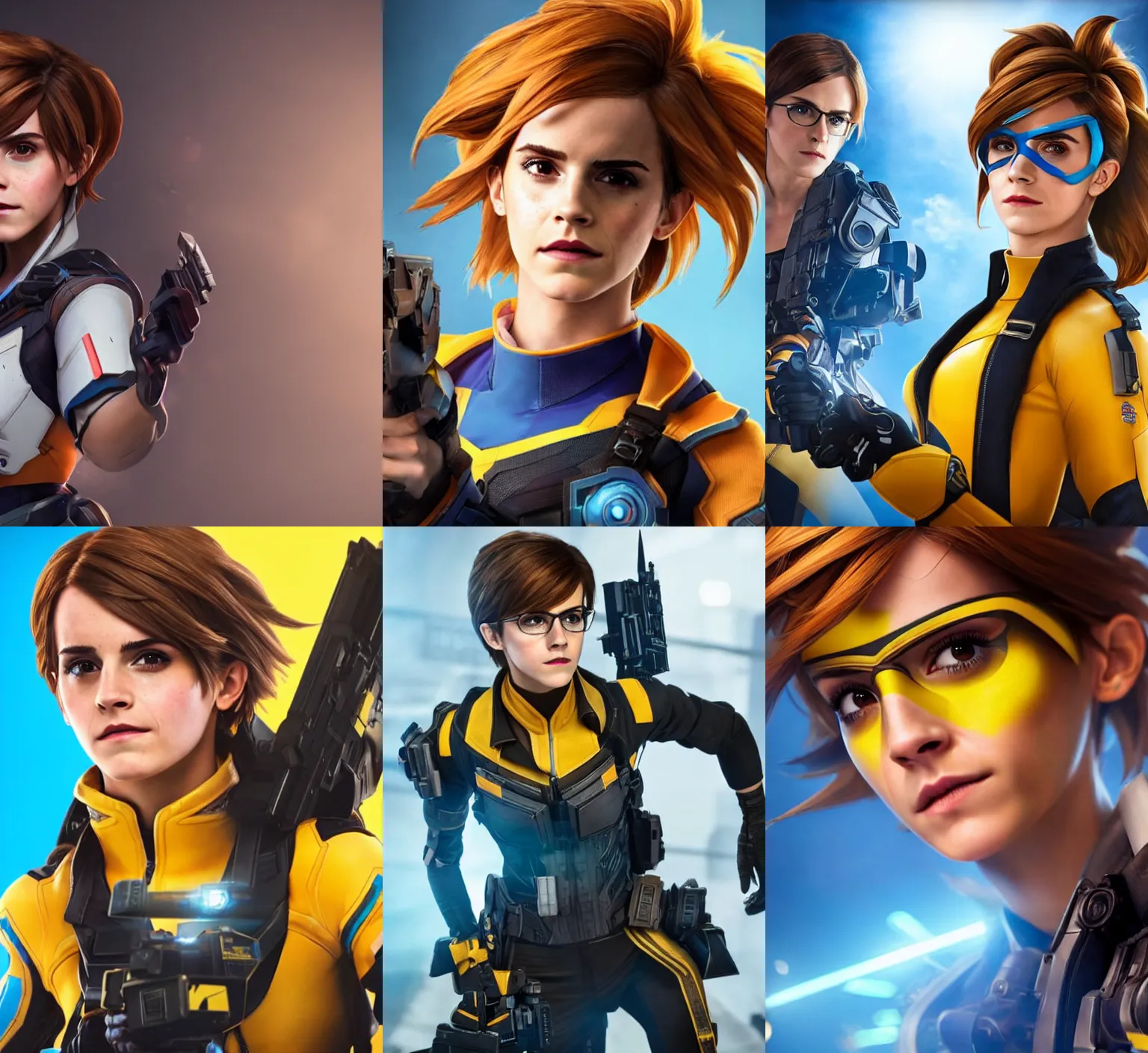 Prompt: emma watson as tracer! from overwatch in an upcoming overwatch live action movie, detailed face, promo shoot, studio lighting