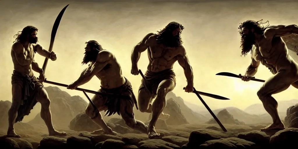 Prompt: realistic painting of biblical Cain with a spear fighting Abel with a scythe, a stone altar with white smoke ascending in the background, masculine and rugged, inspired art by Frazetta + facial symmetry + dramatic volumetric lighting, well lit, 8k octane render, intricate, epic composition, golden hour cinematic lighting + masterpiece, trending on artstation, very detailed, masterpiece, stunning