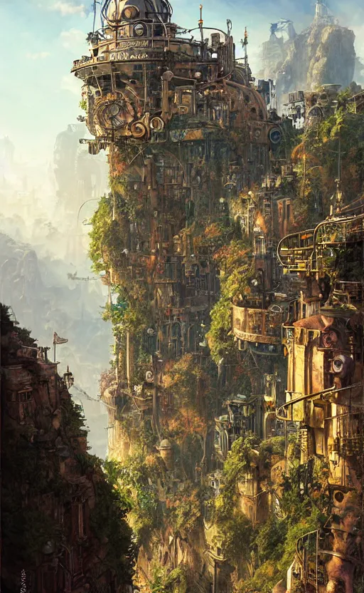 Image similar to steampunk city on a cliff, dense foliage poster art by kim jung giu and weta studio, and lucasfilm and jesper ejsing and norman rockwell greg rutkowski frank frazzeta