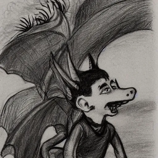 Image similar to by alfred parsons, by peter sculthorpe spirited. a drawing of a young boy disguised as a dragon. the boy is shown wearing a costume with dragon - like features, including a long tail, wings, & horns. he has a large grin on his face, suggesting that he is enjoying his disguise.