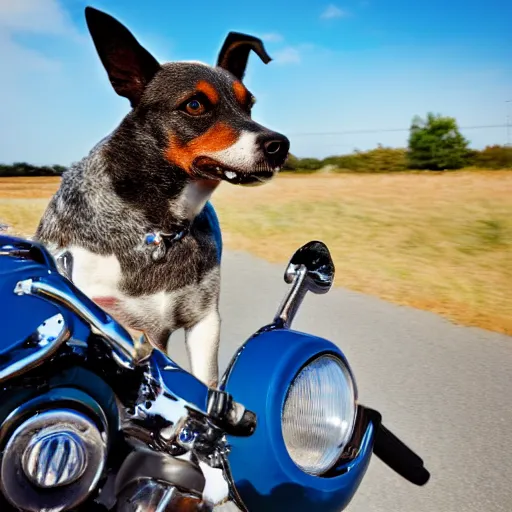 Image similar to blue heeler dog on a motorcycle, 8 k photography, blurred background of a wafflehouse