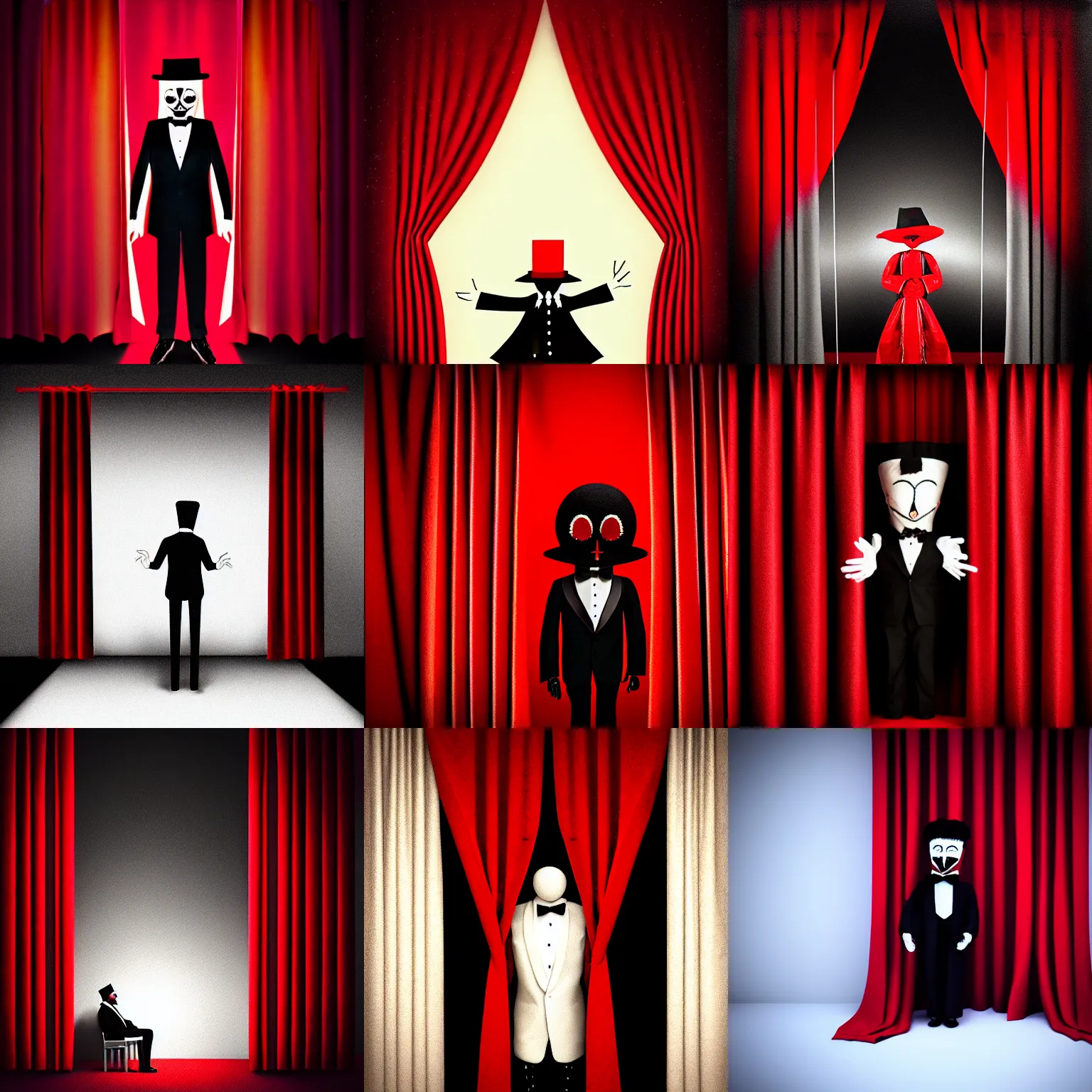 Prompt: puppet master in tuxedo behind red curtains, an album cover, dark ambiance, realism, featured on dribble, behance, holography, neoplasticism, holographic, cosmic horror, skeuomorphic, parallax