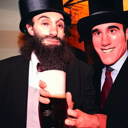 Prompt: a hasidic clown drinking with mitt romney in an 8 0 ’ s music video directed by hype williams