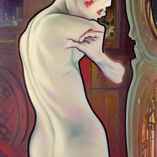 Prompt: A ghostly woman crawling out of a mirror, horror, oil on canvas, in the style of Range Murata and Alphonse Mucha