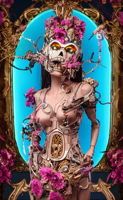 Image similar to a young beautiful angry latina ceramic and pink iron-plated android with a large glowing blue crystal in the center of her chest, full-body bronze cyberpunk style statue of Venus with glowing yellow laser eyes, crown of mechanical chrysanthemums, flowing aqua silk, fabric, steampunk flowers. baroque elements, human skull. full-length view. baroque element. intricate artwork by caravaggio. many flying horses on background. Trending on artstation, octane render, cinematic lighting from the right, hyper realism, octane render, 8k, depth of field, 3D