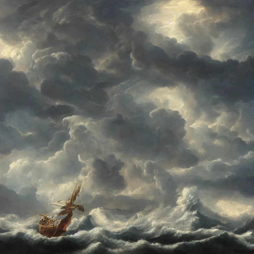 Prompt: a fantasy landscape of a giant squid in a stormy sea, giant waves, lightning in the background, small boat, oil painting, 4 k