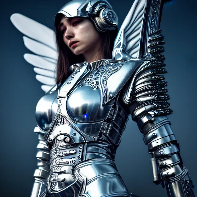 Prompt: beautiful!! futuristic cyberpunk angel warrior with ornate slick pearl armor, highly detailed 8 k hdr smooth sharp focus high resolution award - winning photo photorealistic