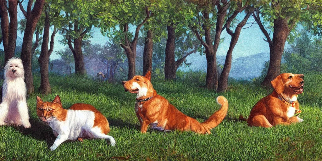 Image similar to dog and cat funny, volumetric lighting, spring early, nice slight overcast weather, realistic illustration, perfectly shaded, ( golden hour ), soft painting, low angle, art by sven nordqvist