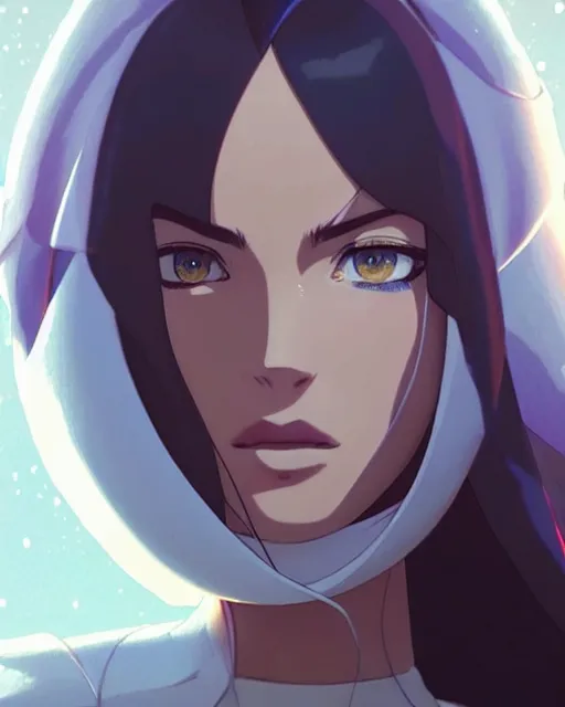 Image similar to azctec queen, megan fox, gemstone forehead, detailed perfect face, exquisite details, fire magic, mid view, design on a white background, by studio muti, greg rutkowski makoto shinkai takashi takeuchi studio ghibli