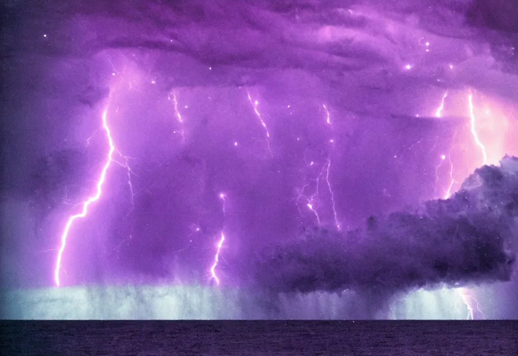 Image similar to purple color lighting storm with stormy sea,pirate ship firing its cannons with a water spout in the background. trippy nebula sky 50mm shot, fear and loathing movie