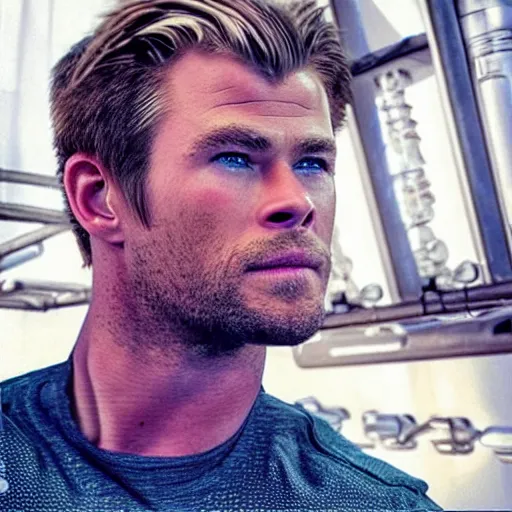 Image similar to “a realistic detailed photo of a guy who is an attractive humanoid who is half robot and half humanoid, who is a male android, Chris Hemsworth, shiny skin, posing like a statue, blank stare”