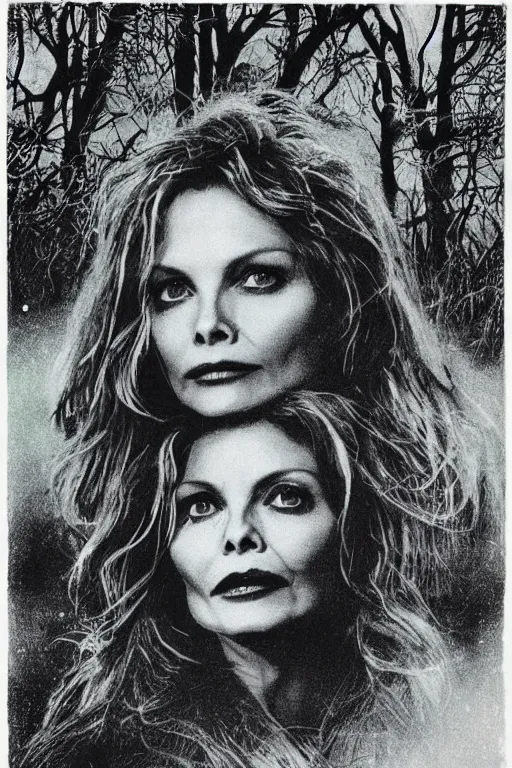 Prompt: michelle pfeiffer 1 9 8 0 s vhs tape cover, “ unico indizio la luna piena ”, atmospheric, realism, hand drawn, horror, grimy, in the woods, highly detailed, high octane render, hd, spooky moon and fog, in the style of enzo sciotti