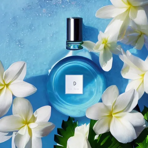 Image similar to centered bright perfume bottle sitting in shallow clear blue rippling water surrounded by a plethora of white flowers and tropical leaves and fauna upfront, with dreamy bright blue sky and clouds in the background, softly - lit, soft - warm, zen, light, modern minimalist f 2 0 clean