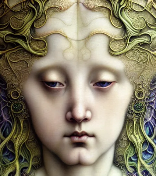 Image similar to beautiful young orchid fairy detailed realistic porcelain face portrait by jean delville, charlie bowater, iris van herpen and marco mazzoni, art forms of nature by ernst haeckel, art nouveau, symbolist, visionary, gothic, neo - gothic, pre - raphaelite, fractal lace, intricate alien botanical biodiversity, surreality, hyperdetailed ultrasharp octane render