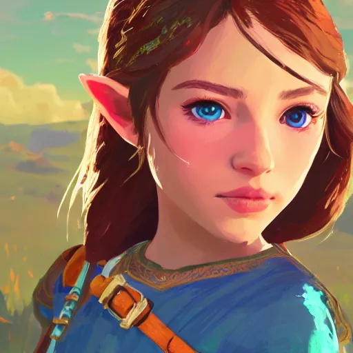 Image similar to Portrait of a beautiful young girl in the stlye of Breath of the Wild, studio lightning, bright colors, intricate, masterpiece, photorealistic, hiperrealistic, sharp focus, high contrast, Artstation HQ, 4k UHD, Unreal Engine 5