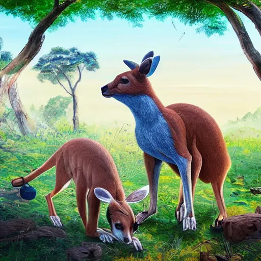 Prompt: a Muscular kangaroo and a Chinese rural dog look at each other, blue sky, garden, highly detailed, digital painting, concept art, sharp focus