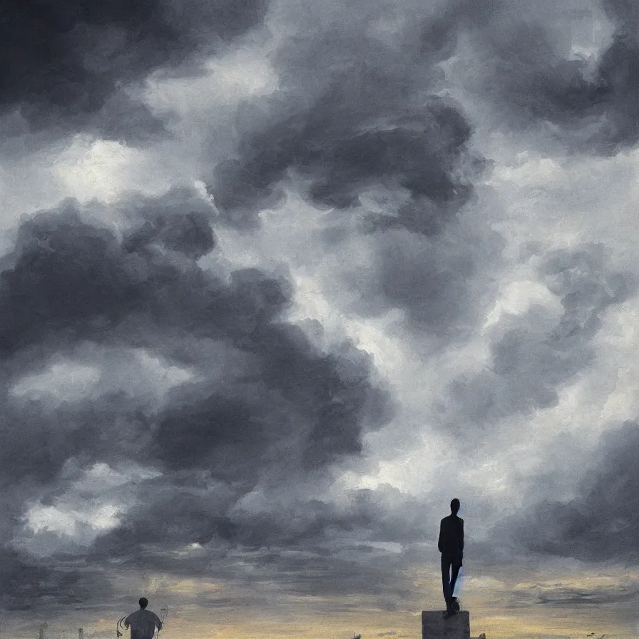 Prompt: Artwork of a man standing in the middle of the street with a stormy clouds floating above his shoulders.