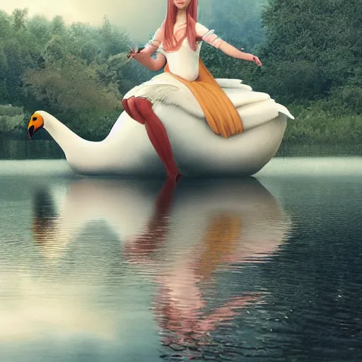 Image similar to a princess riding a giant swan in the lake, trending on artstation