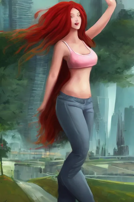 Prompt: beautiful cute red haired joyful and playful nineteen year old maiden standing up in casual green clothing with a modern city in the background, long hair, cute pose, athletic body, rpg character, sci - fi, fantasy, intricate, elegant, digital painting, artstation, concept art, smooth, 8 k frostbite 3 engine, ultra detailed