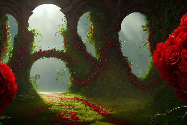 Prompt: broken arches leading to the pillars of eternity draped with red flowers and vines, blue sky, lens flare, a sense of mystery, cinematic, ultra detailed, intricate, sharp focus, trending on artstation, 8K, art by Tim Burton