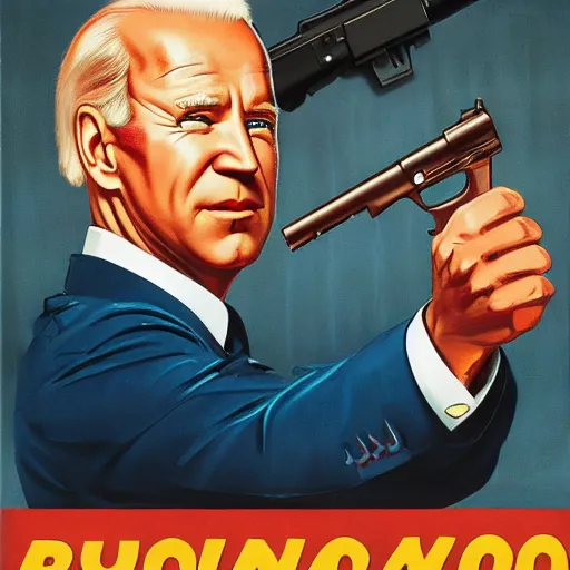 Prompt: propaganda poster of joe biden pointing gun directly at camera in james bond movie, closeup of gun, visible barrel and grip by j. c. leyendecker, bosch, lisa frank, jon mcnaughton, and beksinski