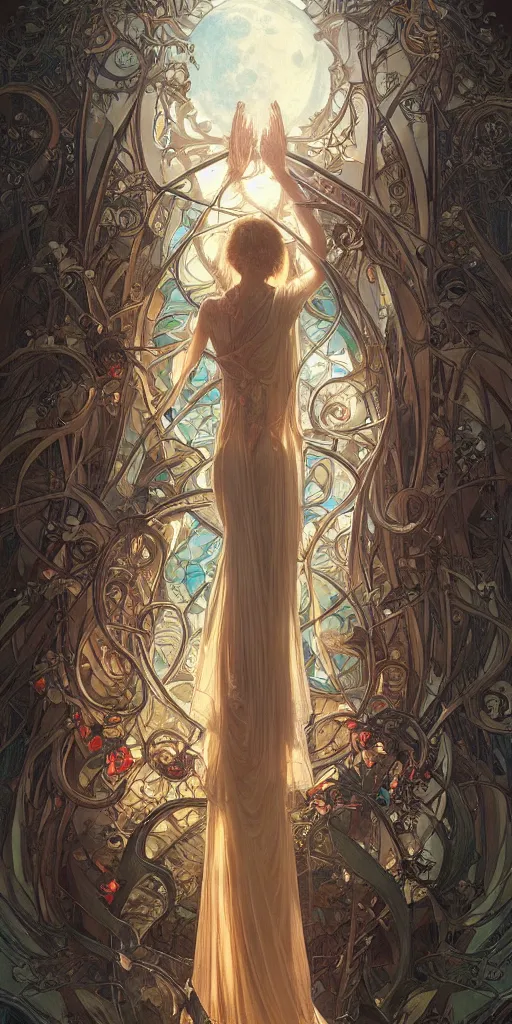 Prompt: door to reality and desperation, stained glass masterpiece, cinematic, powerful, moon beams dramatic light, highly, intricate elements, hollow souls, detailed, digital painting, artstation, concept art, sharp focus, illustration, art by artgerm and greg rutkowski and alphonse mucha, elaborate composition, intricate story