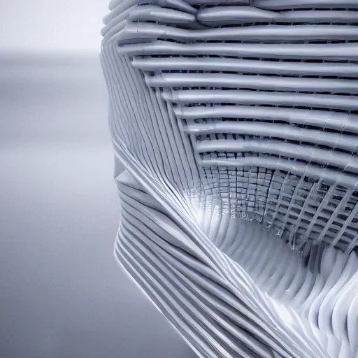 Image similar to giant parametric building that is white, horizontal, fluid form, complex | cinematic, hyper realistic, crazy detail, smoke geometry, artstation, hyper realistic, super detail