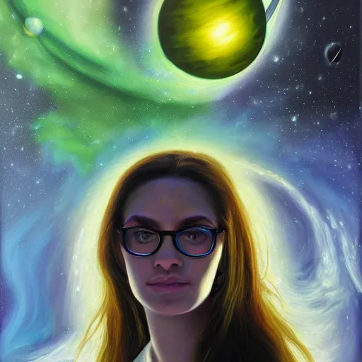 Image similar to hyperdetailed portrait of jade from homestuck floating in space between stars and planets, hyperrealism, detailed, oil painting