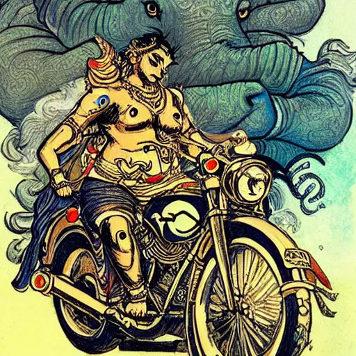 Image similar to ganesha riding a motorcycle, art by rebecca guay