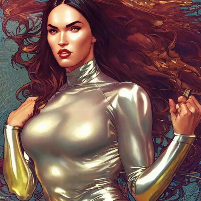 Prompt: megan fox as power girl by artgerm, greg rutkowski, alphonse mucha