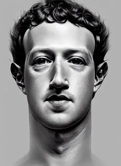 Image similar to mark zuckerberg as male android!!!, pale, lifeless, dead eyes, portrait, intricate, elegant, highly detailed, digital painting, artstation, concept art, wallpaper, smooth, sharp focus, illustration, art by h. r. giger and artgerm and greg rutkowski and alphonse mucha