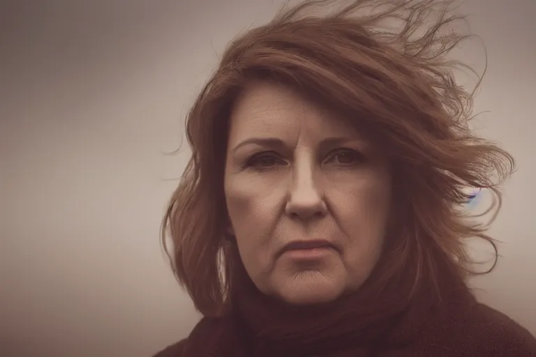 Prompt: a cinematic headshot portrait of a middle aged woman stood in a fog filled field, ultra realistic, depth, beautiful lighting