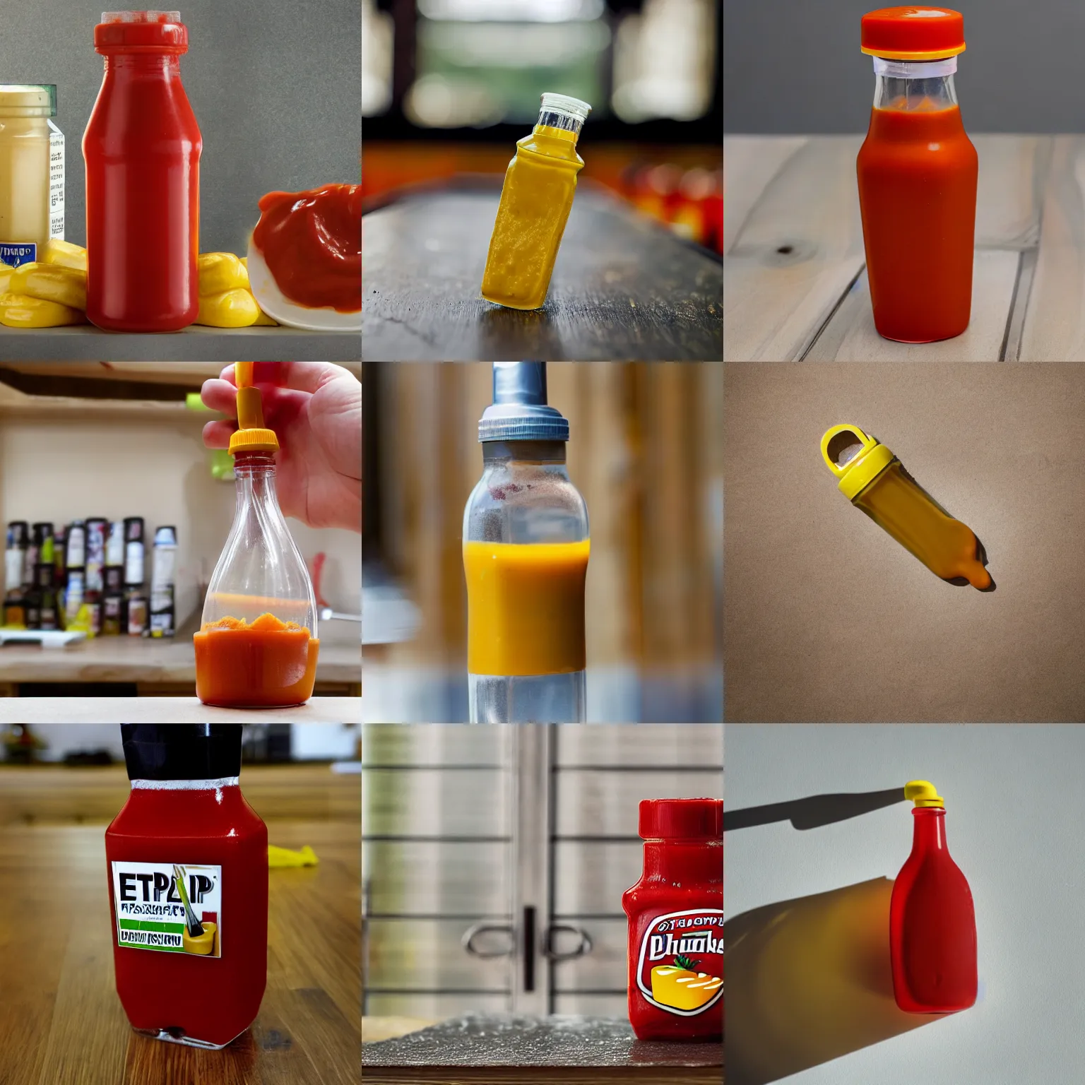 Prompt: <photo hd well-captioned>a transparent ketchup bottle filled with mustard</photo>