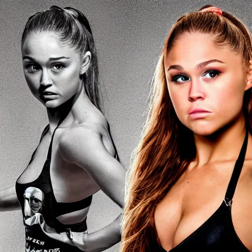 Prompt: full Portrait photography of someone who has the head of Ariana Grande, the body of Ronda Rousey